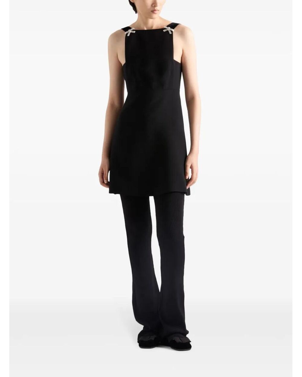 Prada Black Embroidered Cady Mini Dress Crystal Bow Cocktails Evening Gown 38